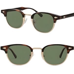 Vintage Browline Semi Rimless Sunglasses Tortoise Gold Frame Green Lenses